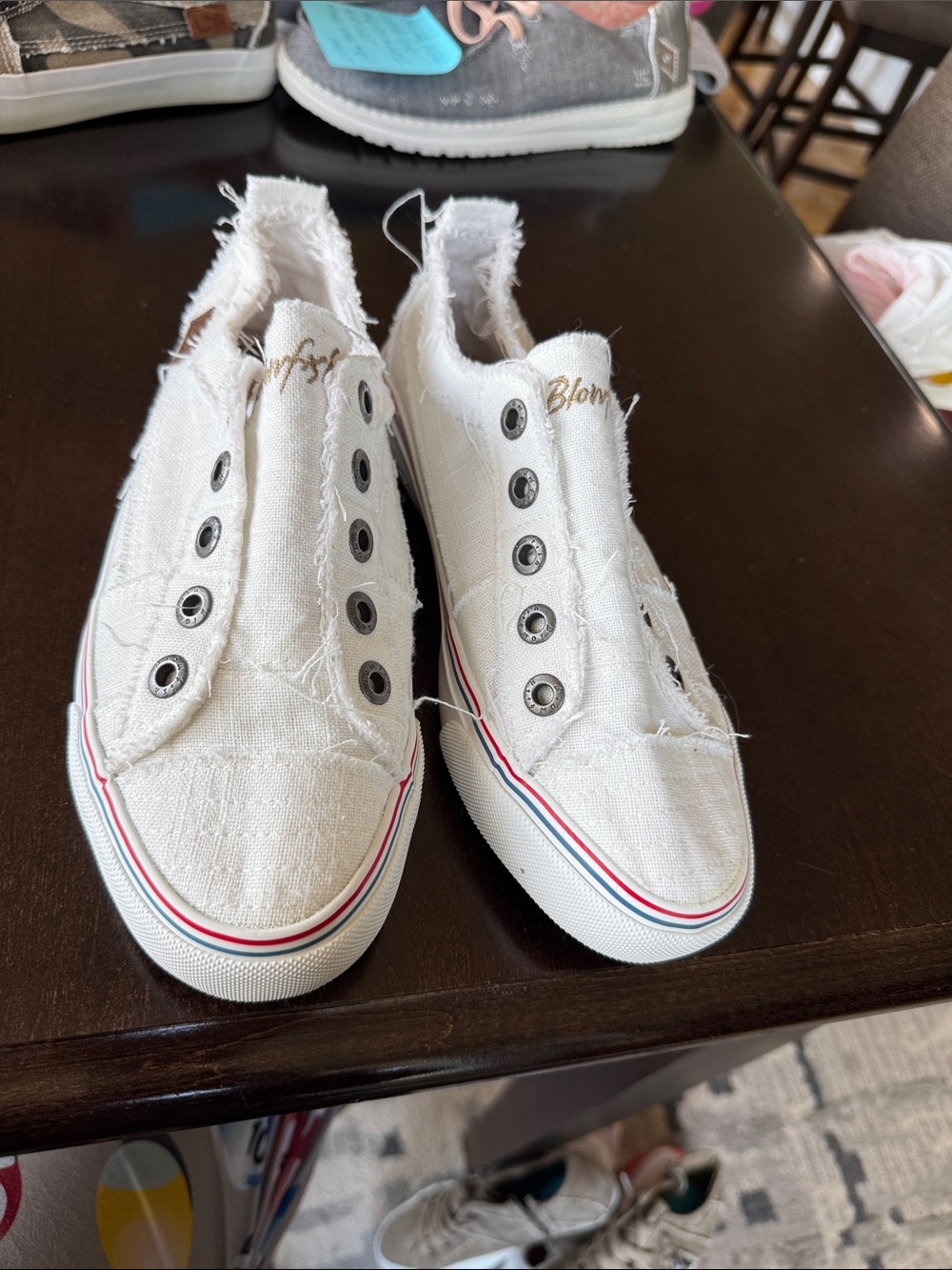 Blowfish White Canvas Slip-On Sneakers with Red and Blue Sole Stripes